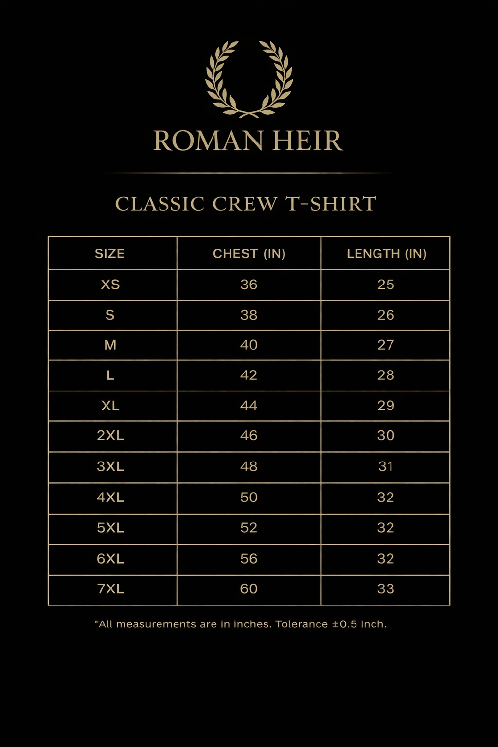 size chart roman heir classic crew unisex t shirt